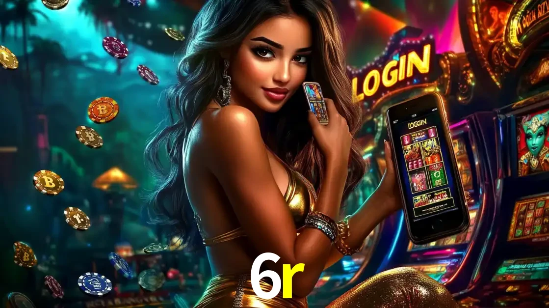 Mulher em um cenário de cassino temático de aventura, mostrando o app de caça-níqueis da 6r no celular. Fichas de apostas flutuam ao redor.
