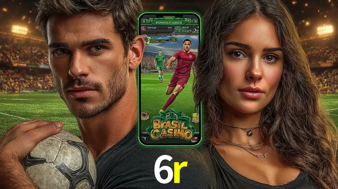 Homem segurando uma bola de futebol e uma mulher ao lado de um smartphone exibindo o jogo de apostas esportivas da 6r. Faça seu palpite no cassino online.